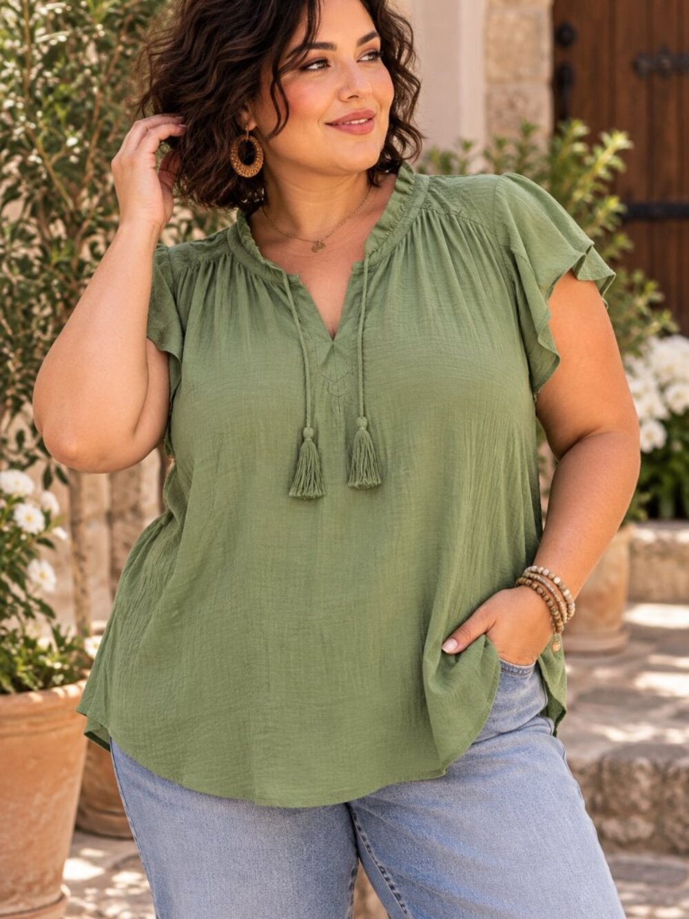 785 - C By One 2X Sage Green Boho Tassel Ruffle Blouse
